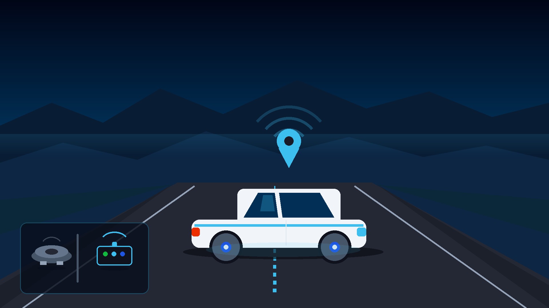Flat illustration of a white car on an Australian highway at dusk with a cyan GPS pin, comparing a cheap magnetic puck to a professional tracker