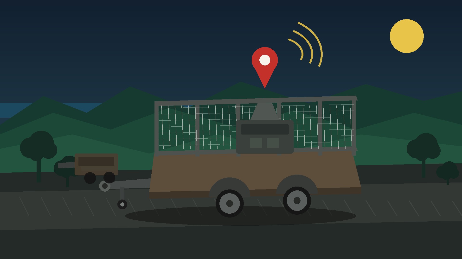 Flat illustration of an Australian plant trailer in a yard at dusk with a GPS location pin and signal arcs
