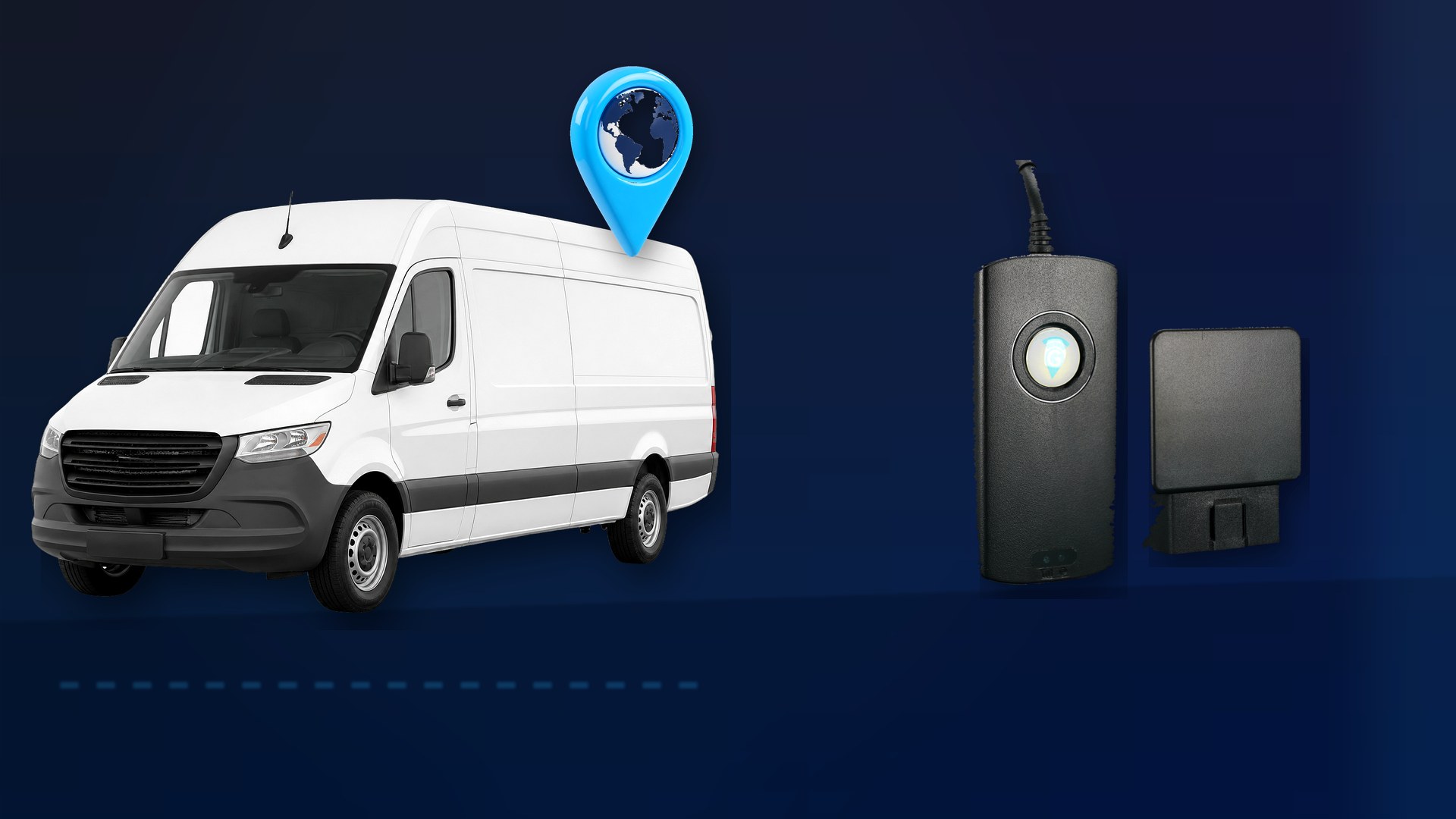 White Australian work van with plug-in OBD and hardwired vehicle tracking devices and a location pin