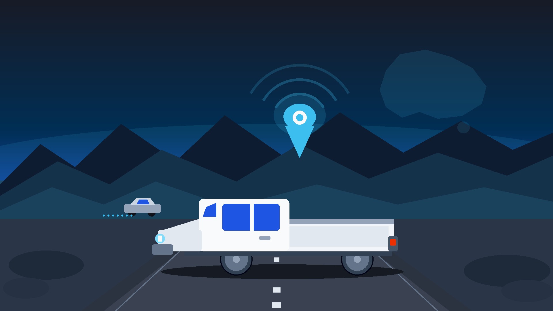 Flat illustration of a white Australian ute on a night highway with a cyan GPS location pin and signal arcs