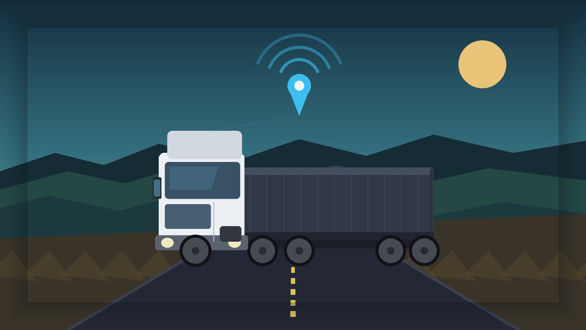 Flat illustration of a white truck and trailer on an Australian highway at dusk, with a cyan GPS location pin and signal arcs. No people or logos.