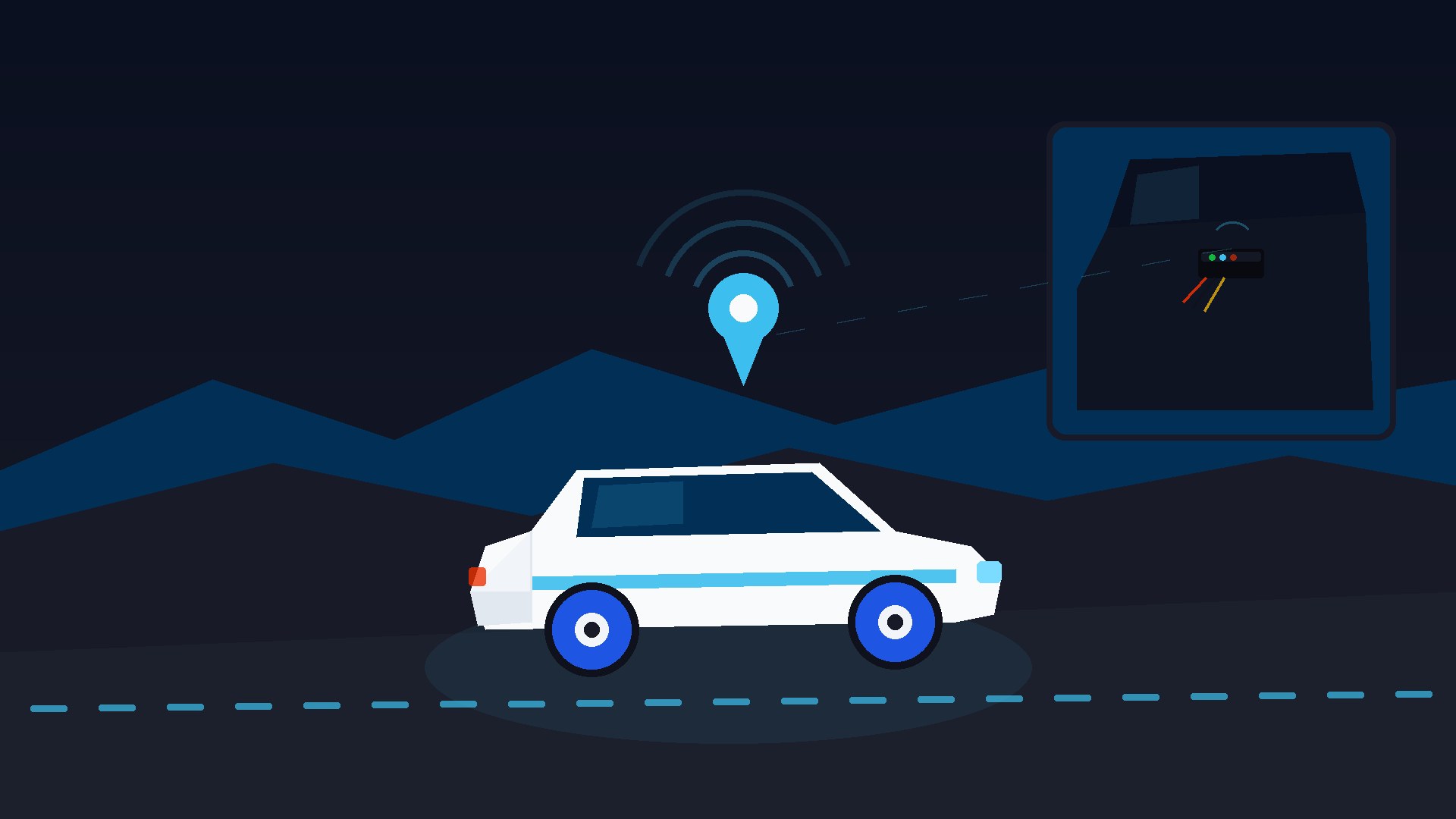 Flat illustration of a white Australian ute at dusk with a cyan GPS pin and a dashboard cutaway of a hidden hardwired tracker