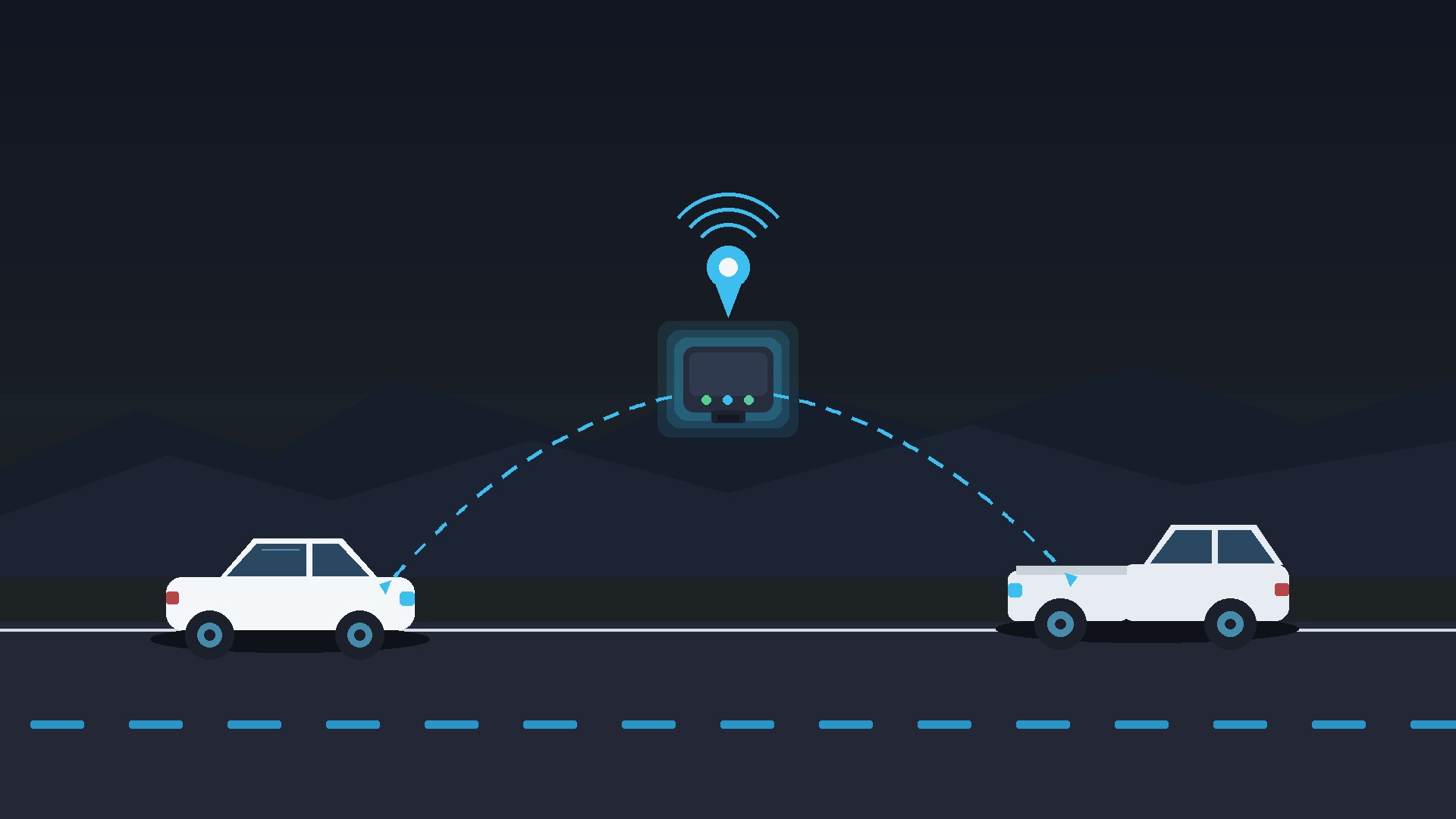 Flat illustration of a plug-in GPS tracker moving between a white car and a ute on an Australian road at dusk, with a cyan location pin. No people or logos.