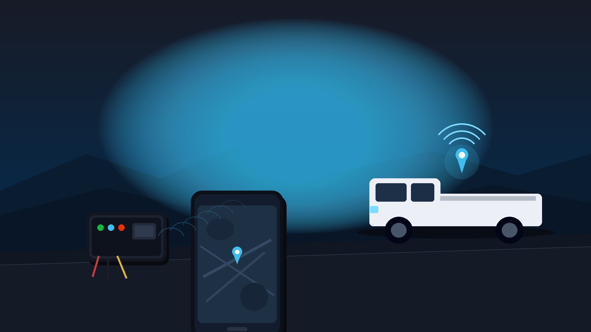 Flat illustration of a hardwired GPS unit, a phone map with a cyan pin, and a white Australian ute at dusk. No people, logos or text.