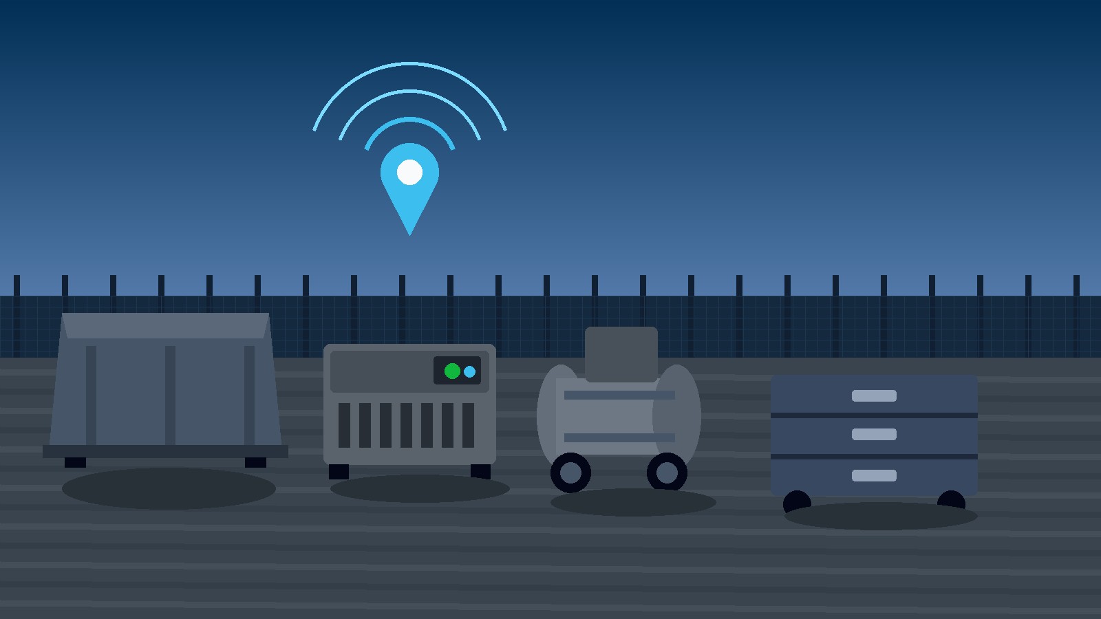 Flat illustration of a skip bin, generator, compressor and toolbox on an Australian site yard with a GPS location pin. No people or logos.