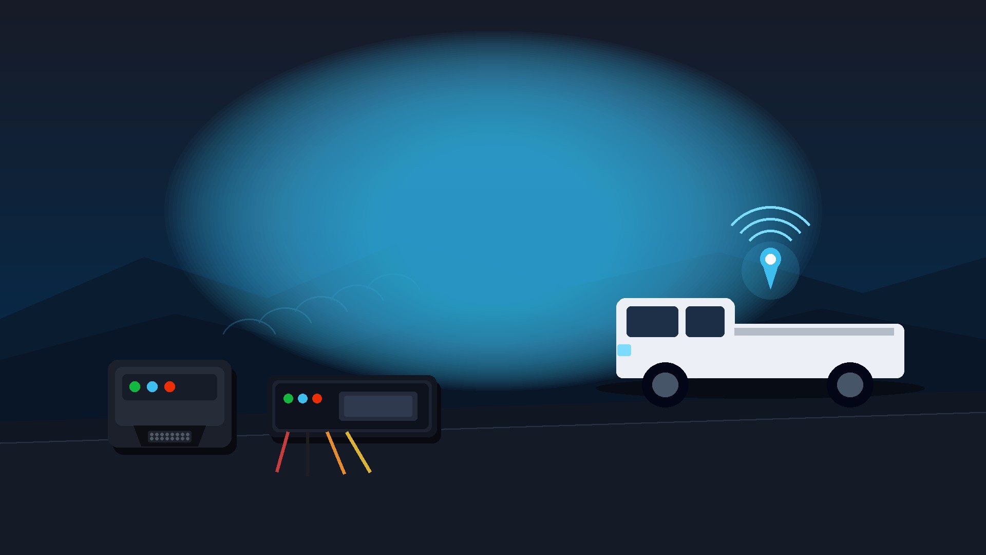 Flat illustration of an OBD plug-in unit and a slim hardwired GPS unit beside a white Australian ute, with a cyan location pin. No people, logos or text.