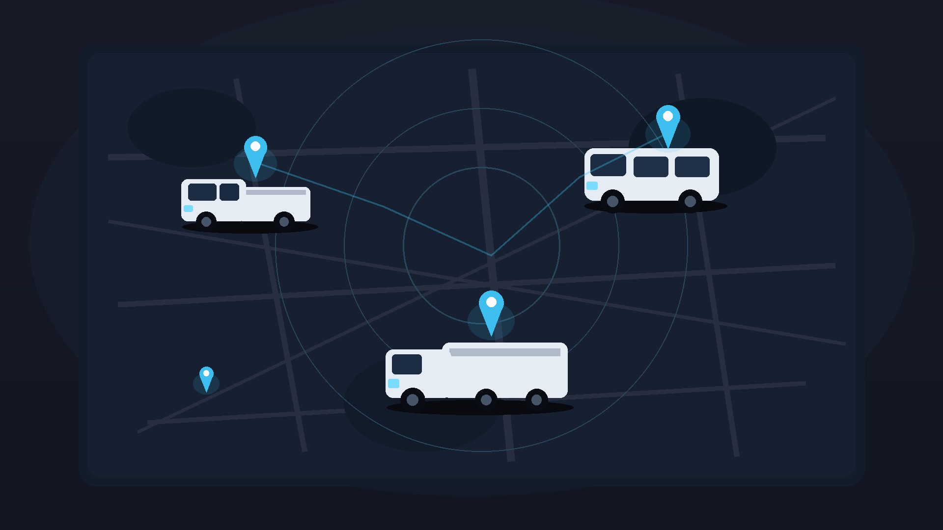 Flat illustration of a ute, van and truck on a live map with cyan location pins. No people, logos or text.