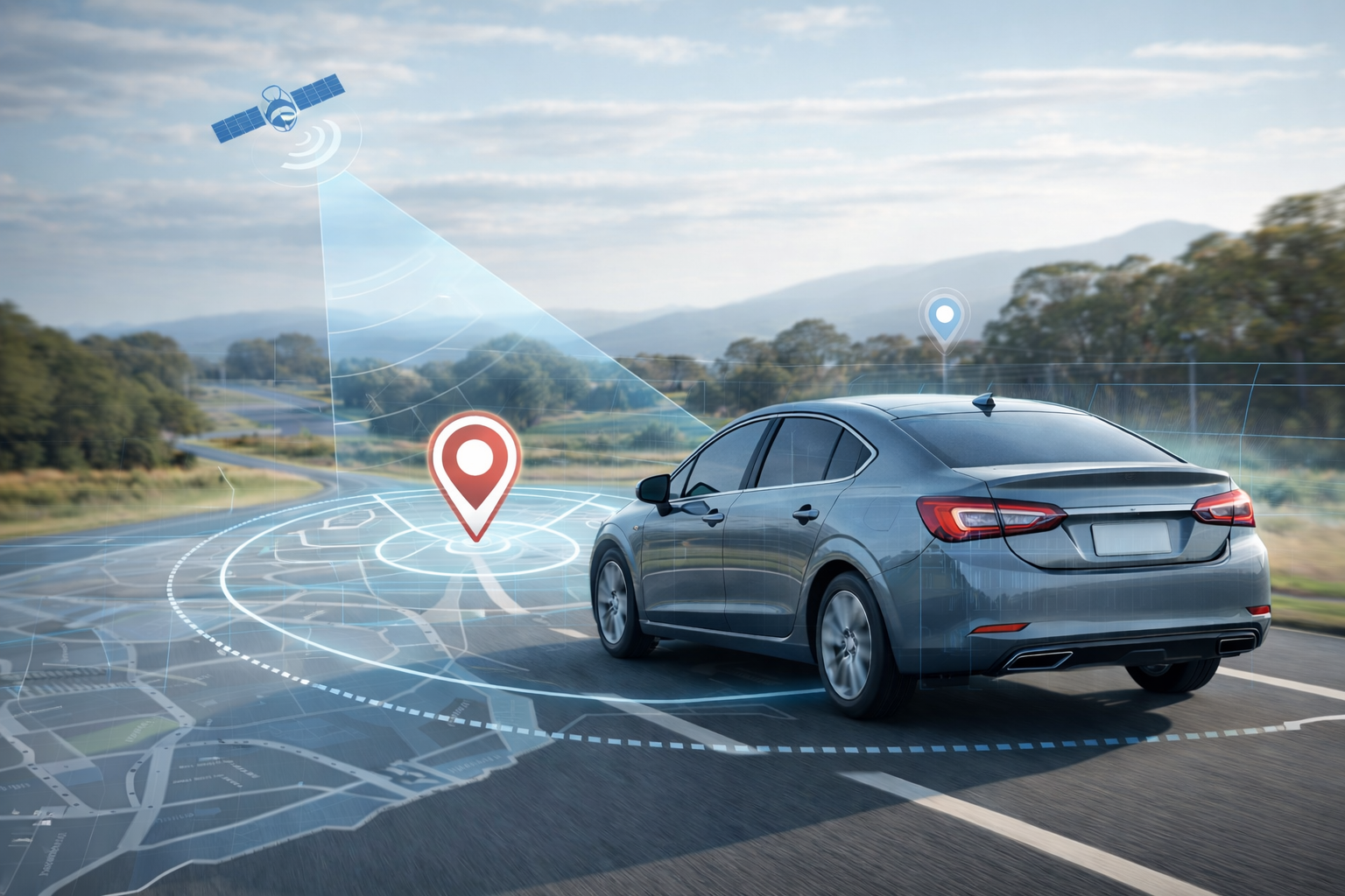 Grey sedan on a highway with a satellite signal and GPS location pin showing real-time vehicle tracking