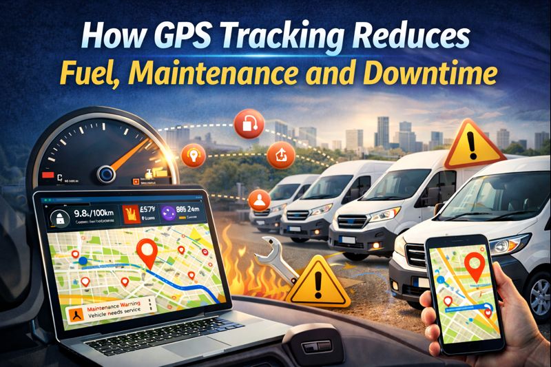 Laptop and phone showing GPS fleet maps beside delivery vans, with fuel, maintenance and downtime graphics