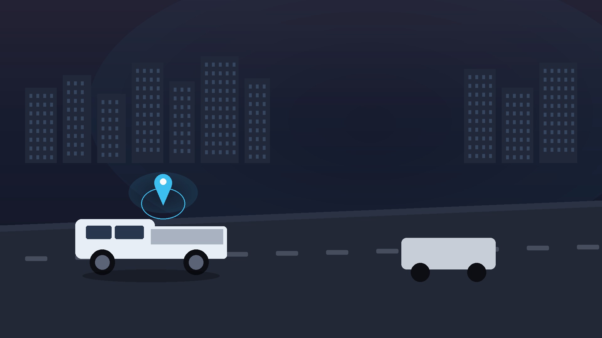 Flat illustration of a white Australian ute on a Melbourne street at dusk with a cyan GPS location pin. No people, logos or text.
