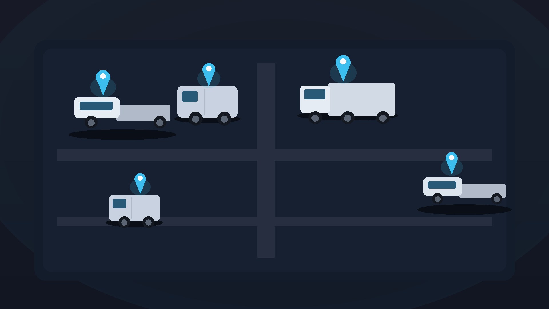 Flat illustration of Australian work ute, van and truck fleet on a yard map with cyan GPS location pins. No people, logos or text.