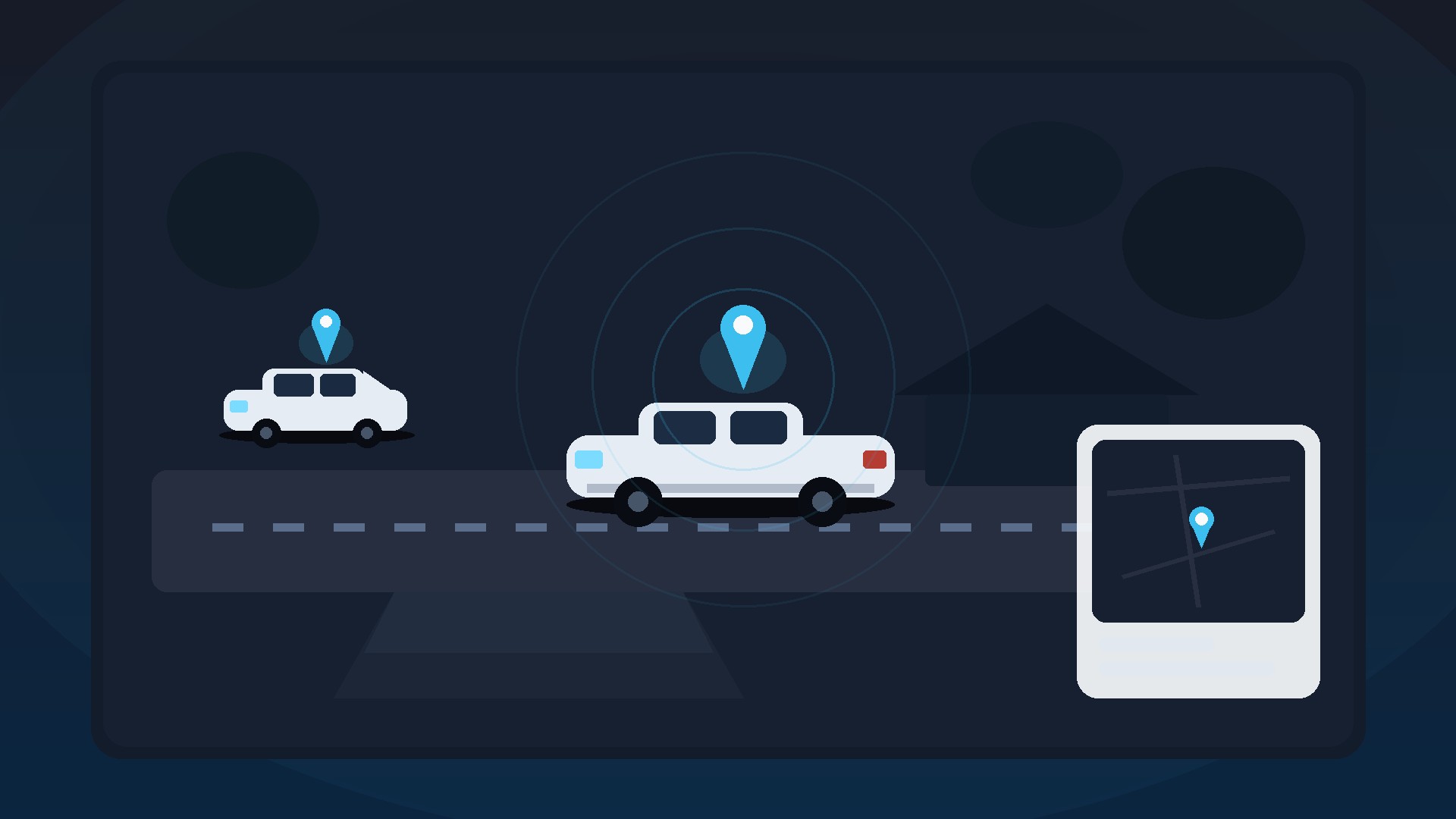 Flat illustration of Australian daily-driver cars on a suburban road with cyan GPS pins and a phone map. No people, logos or text.