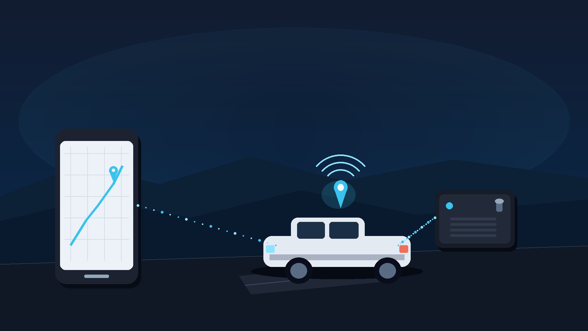 Flat illustration of a vehicle GPS tracker linked to a phone map pin