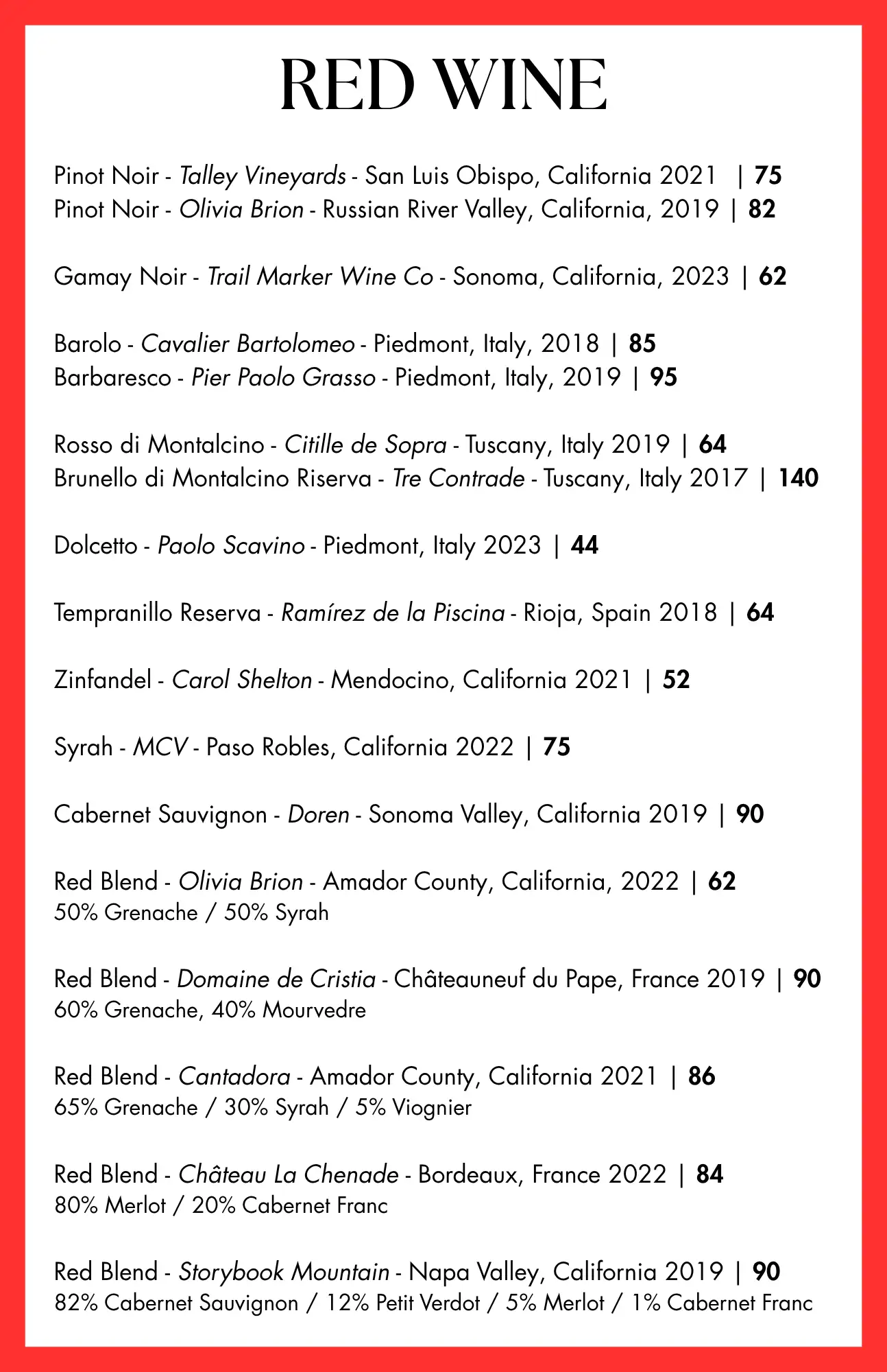 red wine menu