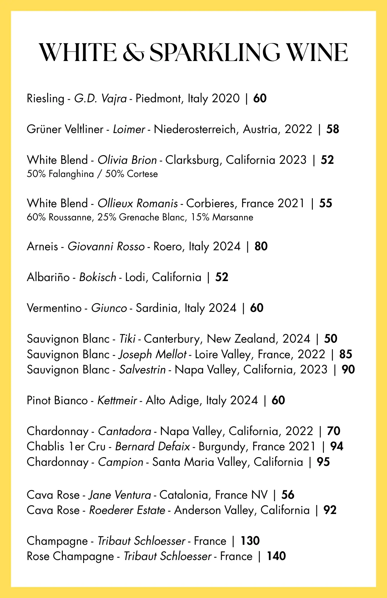 white and sparkling wine menu