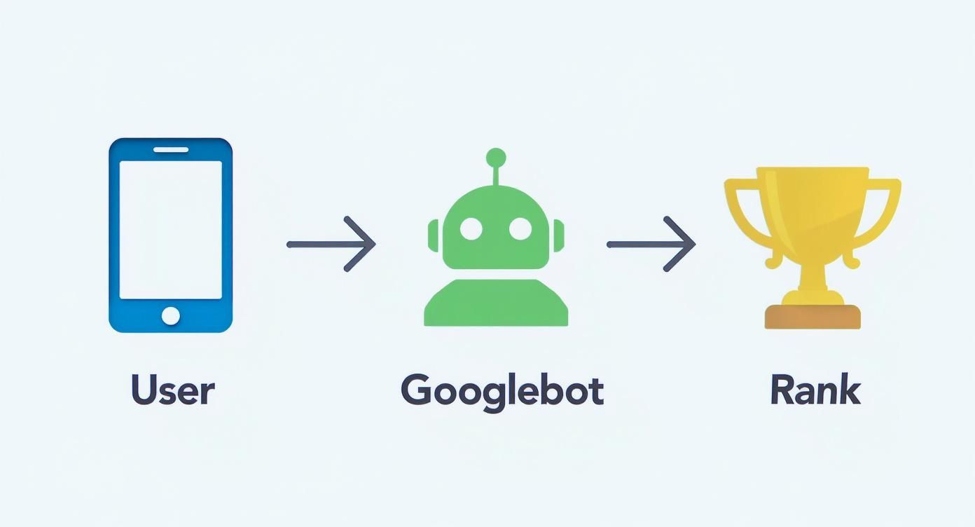 A diagram showing a user's mobile phone, Googlebot, and a trophy representing website rank.