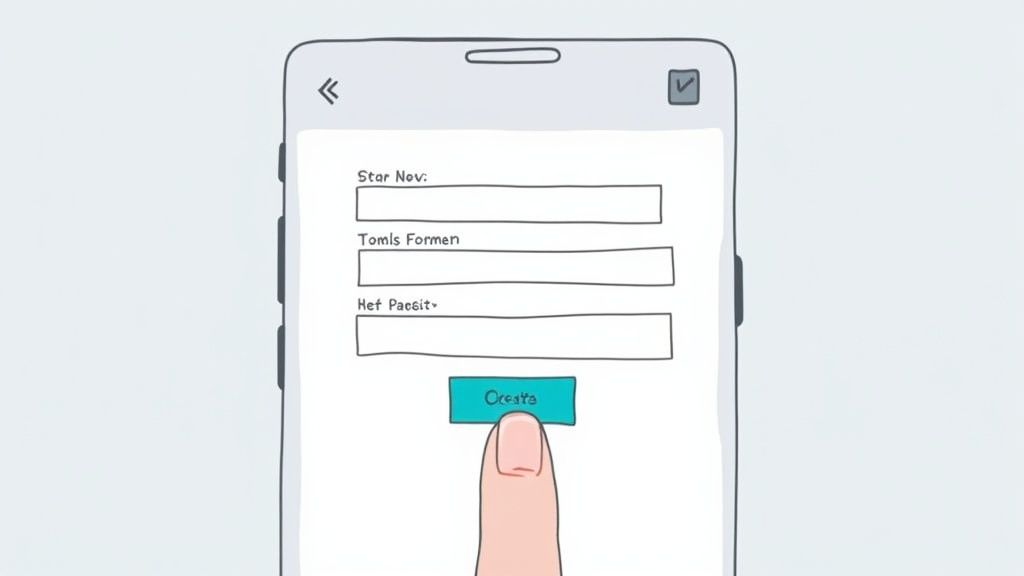 A finger taps the 'Create' button on a hand-drawn smartphone displaying an input form.