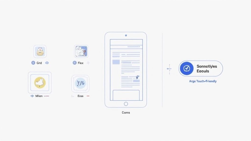 A diagram illustrating mobile website optimization with Grid, Flex, Mien, Eras components, a phone display, and a touch-friendly design label.
