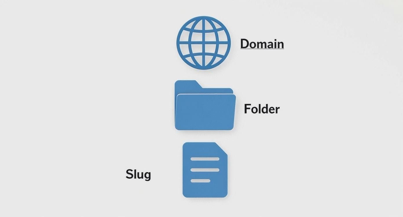 Diagram illustrating website URL components: a globe for Domain, a folder for Folder, and a document icon for Slug.