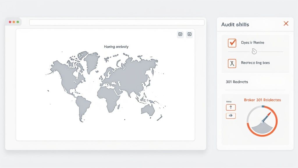Dashboard illustrating website architecture, featuring a world map and an SEO audit sidebar with 301 redirect metrics.