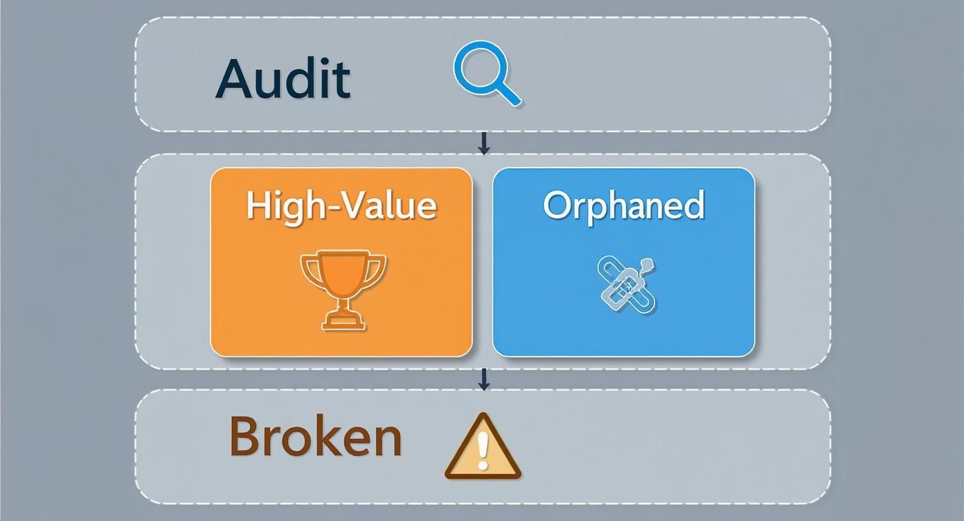 Flowchart depicting an audit process identifying high-value, orphaned, and broken links.