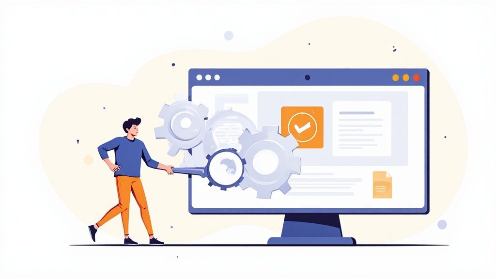 Illustration of a man performing a system audit, examining a computer screen with gears and a successful checkmark.