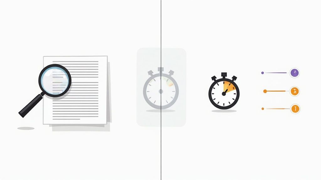An illustration showing a magnifying glass over a document, a stopwatch, and a list of three numbered steps, symbolizing analysis and a timed process.