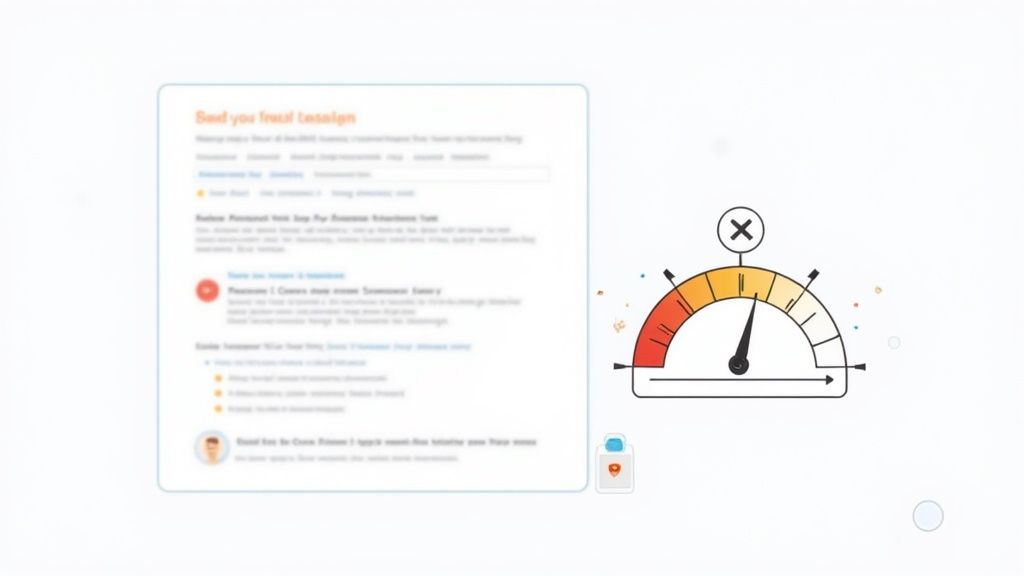 A blurred document with text next to a gauge showing a high performance or risk level.