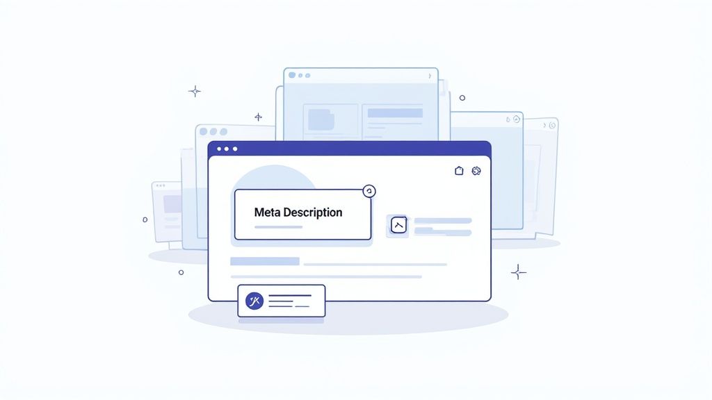 A minimalist illustration of a web interface with a 'Meta Description' field, indicating content optimization for SEO.