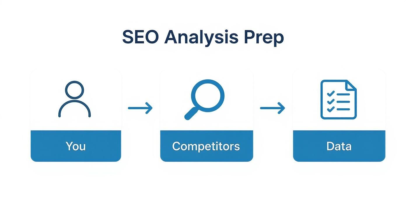 Flowchart detailing SEO analysis preparation, showing steps: You, Competitors, and Data.