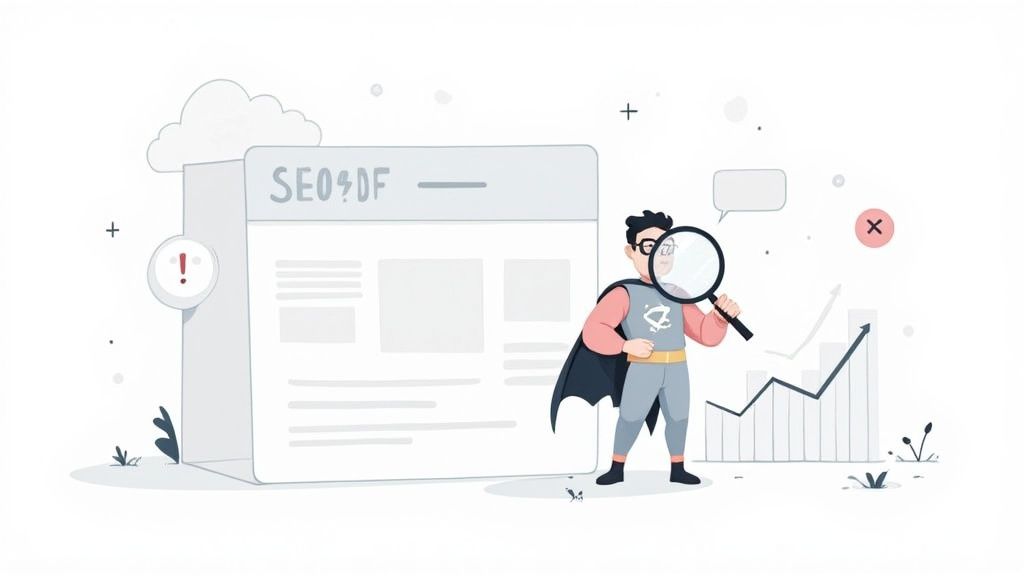 A cartoon superhero with a magnifying glass inspects a webpage with 'SEO⚡DF' text and a growth graph, symbolizing SEO analysis.