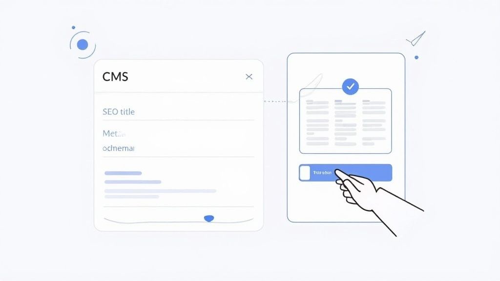 A diagram illustrates a CMS interface with SEO fields linked to a content preview, a hand interacting with the display.