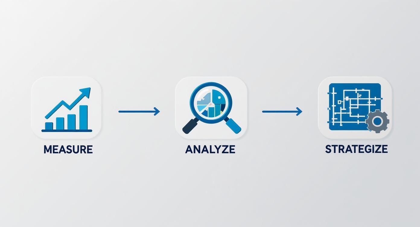 Infographic showing a business process: measure data, analyze insights, and strategize for growth.