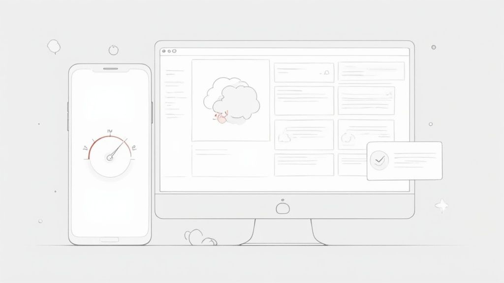 Modern illustration featuring a smartphone with a speed dial and a desktop showing cloud services and notifications.