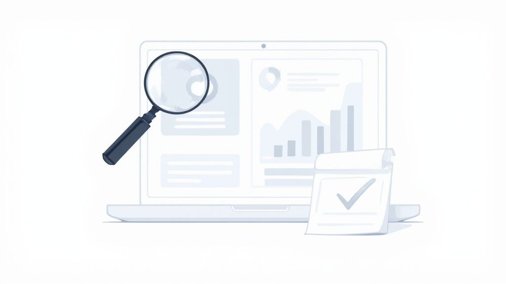 Illustration of a laptop displaying data analytics, a magnifying glass for review, and a checked document.