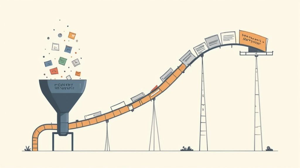 A colorful content gathering funnel feeds data onto an uphill conveyor belt leading to a polished output.