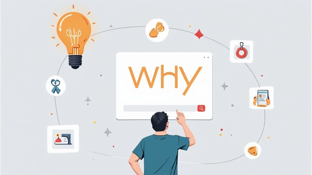 A man searches 'WHY' on a screen, surrounded by icons symbolizing ideas, information, and solutions.