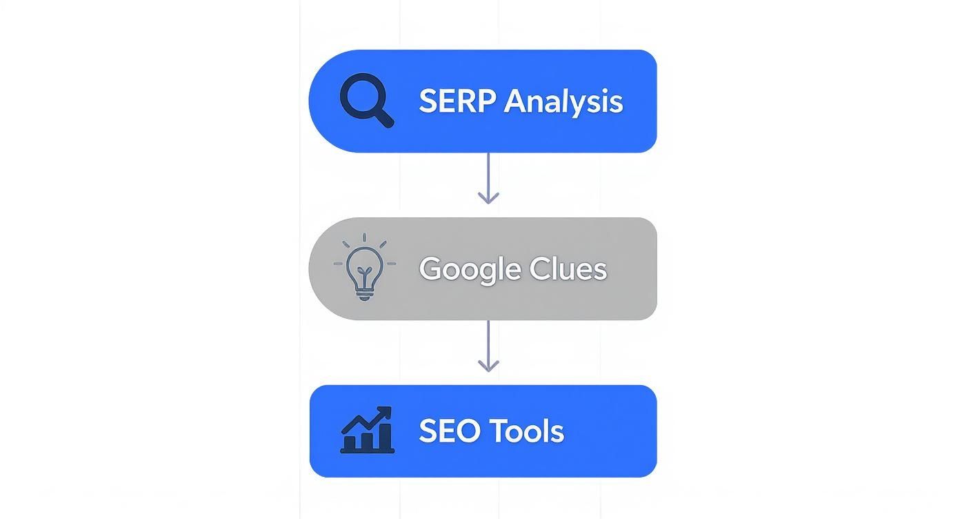 A flowchart illustrating the process from SERP Analysis to Google Clues and then SEO Tools.