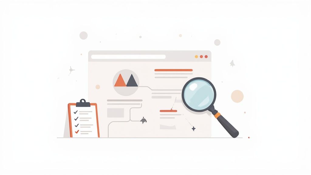 A magnifying glass inspects a website browser displaying charts and text, next to a checklist clipboard.