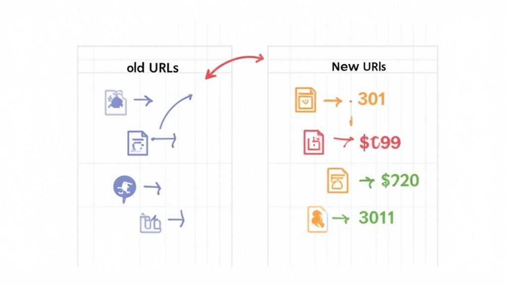 Illustration comparing old and new URLs, detailing migration paths with redirect codes and values.