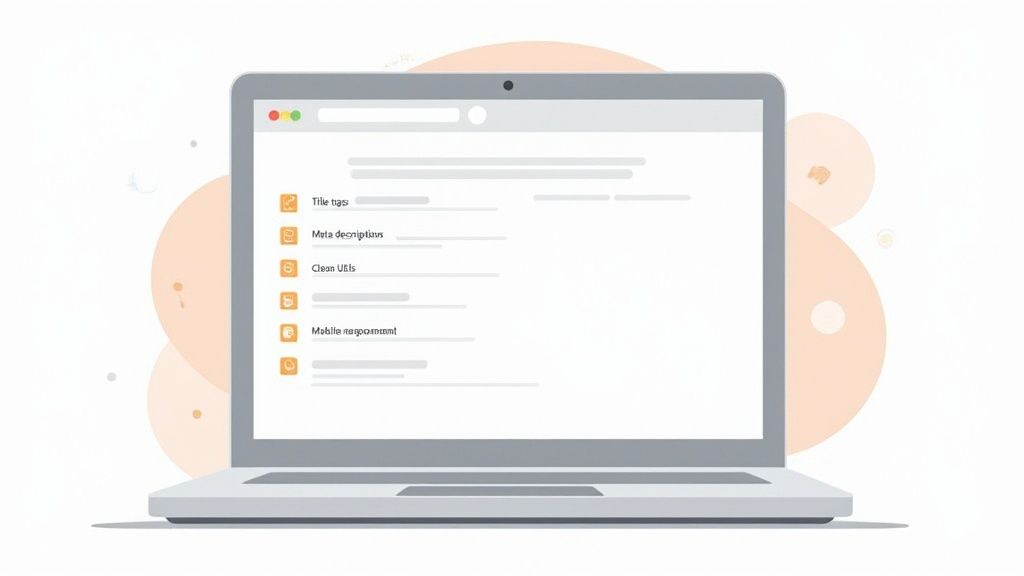 A laptop screen displaying a web browser with a checklist of SEO elements like title tags and meta descriptions.