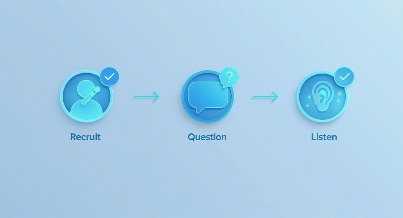 A three-step process diagram showing Recruit, Question, and Listen icons with arrows.