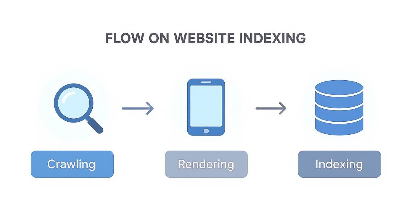 A flowchart illustrating the three steps of website indexing: crawling, rendering, and indexing.