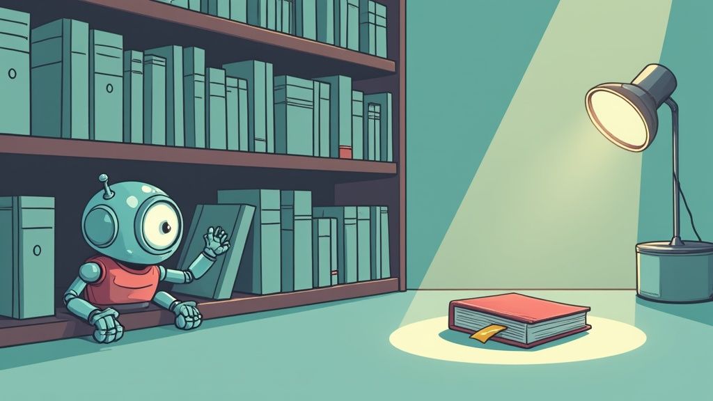 A cute robot peeking from a bookshelf, looking intently at a red book illuminated by a desk lamp.