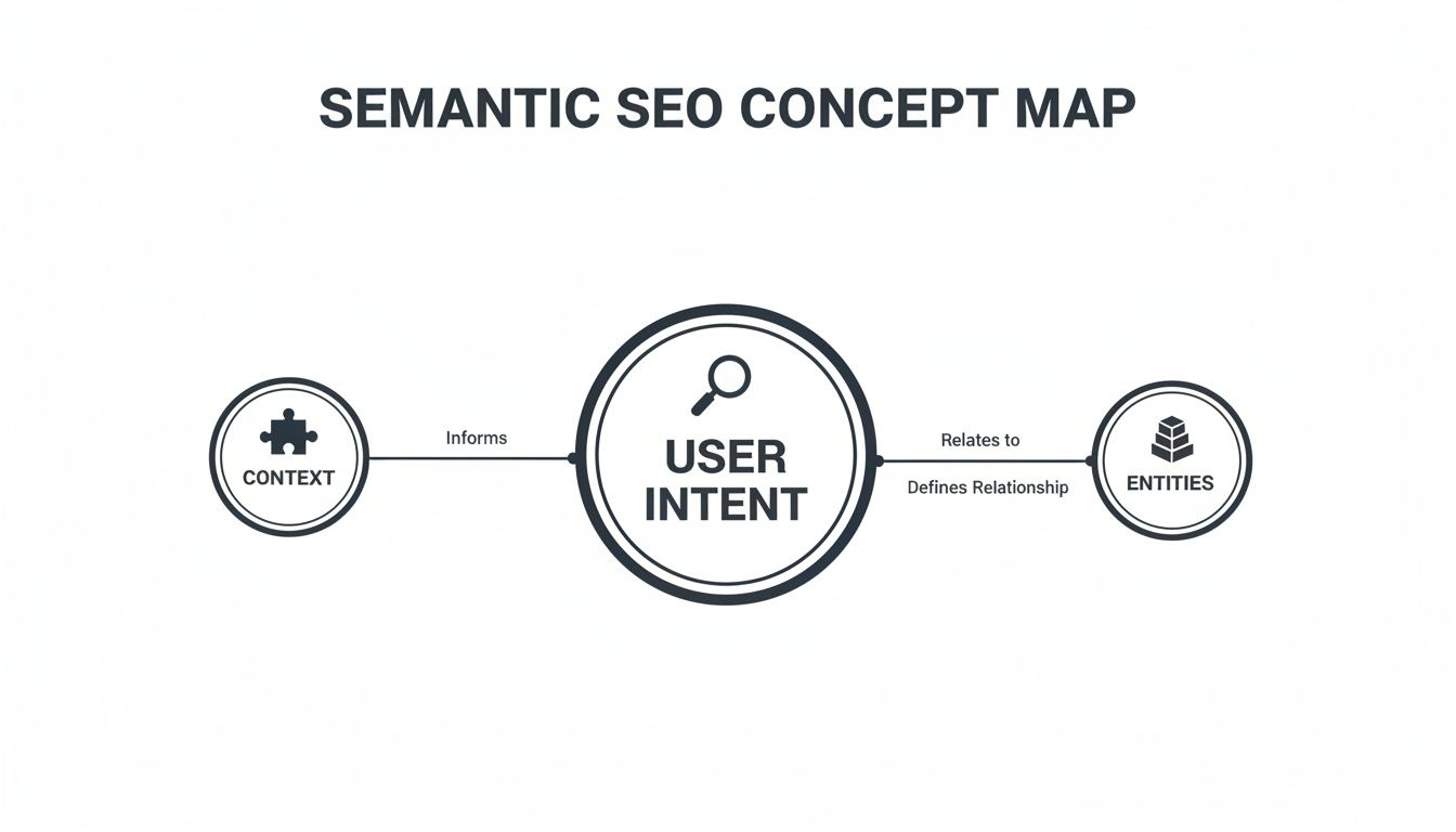 Semantic SEO concept map showing Context informs User Intent, which relates to Entities.