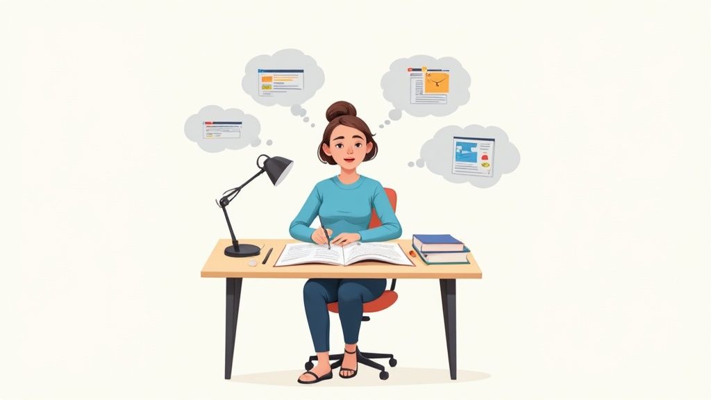 Cartoon woman studying at a desk, writing in a book, with thought bubbles.