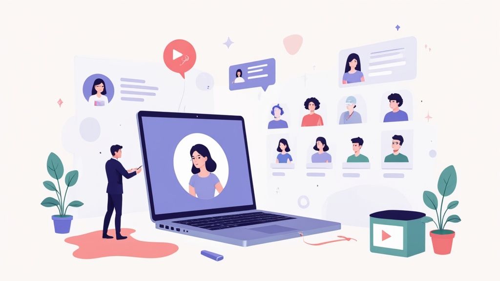 Illustration of a man interacting with a laptop showing online profiles and virtual communication.