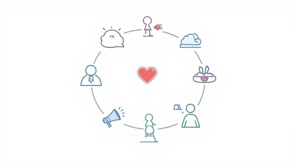 A circular diagram illustrating a customer journey or communication cycle with various icons around a central heart.
