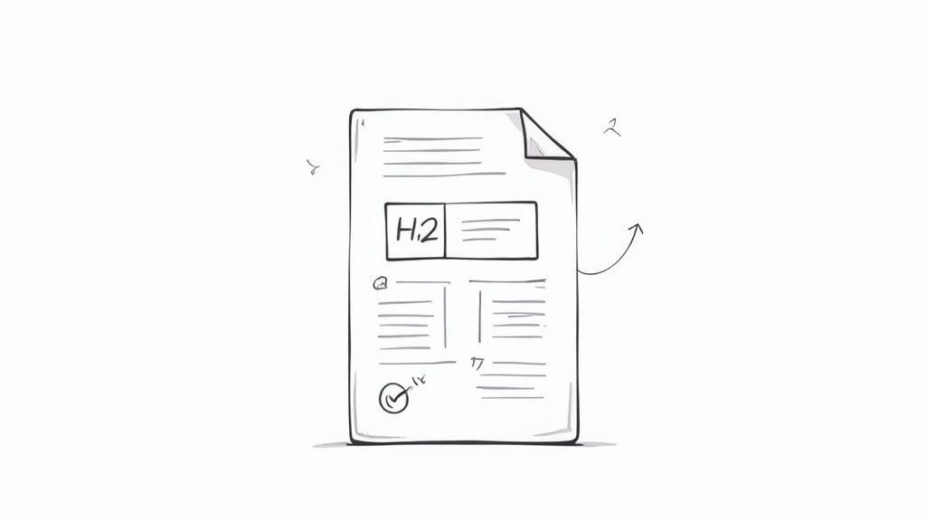 A hand-drawn document illustrating content sections, a header labeled H.2, and a checkmark, symbolizing content structure.