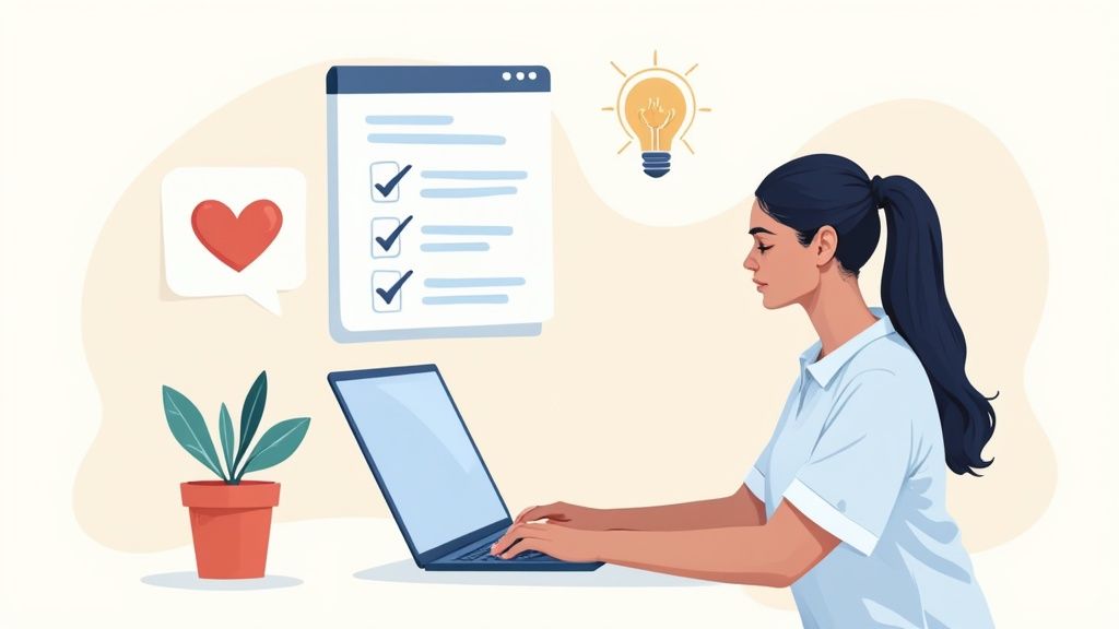 A woman types on a laptop, surrounded by a checklist, a lightbulb idea, a heart icon, and a potted plant.
